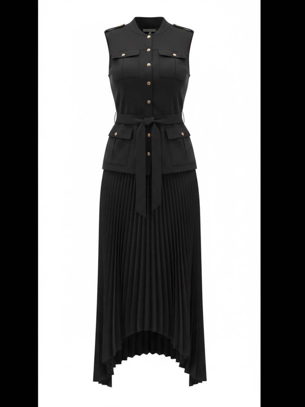 Anthropologie Black Sleeveless Pleated maxi Dress with Gold Buttons